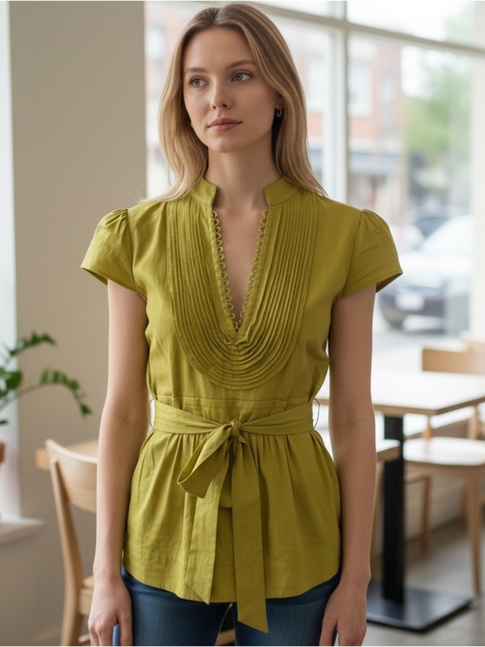 BCBGMaxAzria Chartreuse Pleated Blouse